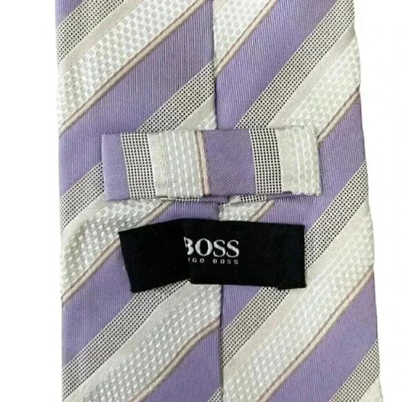 Hugo Boss Silk Tie Purple Grey White Stripes - Picture 9 of 10